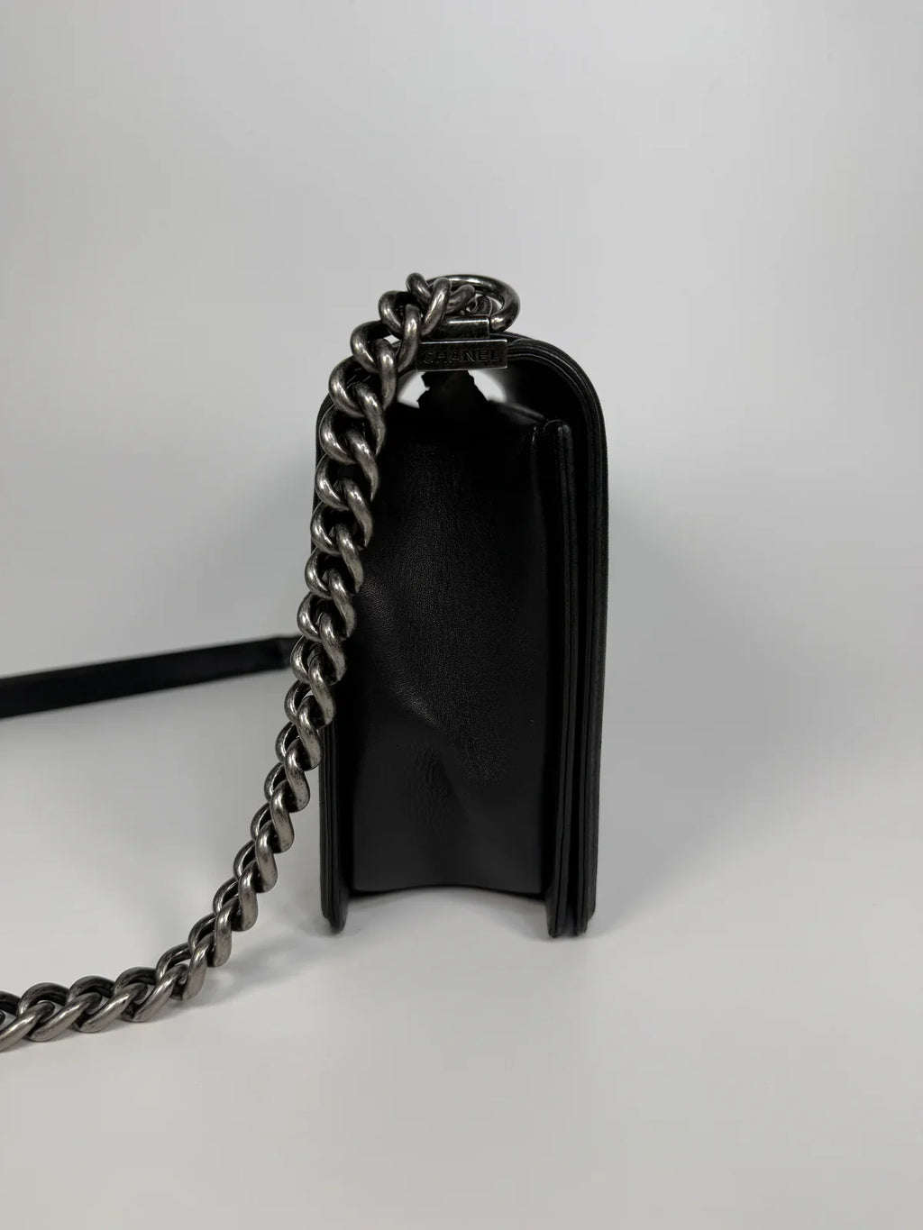 CHANEL BLACK LAMBSKIN LEATHER LARGE BOY BAG WITH RHW