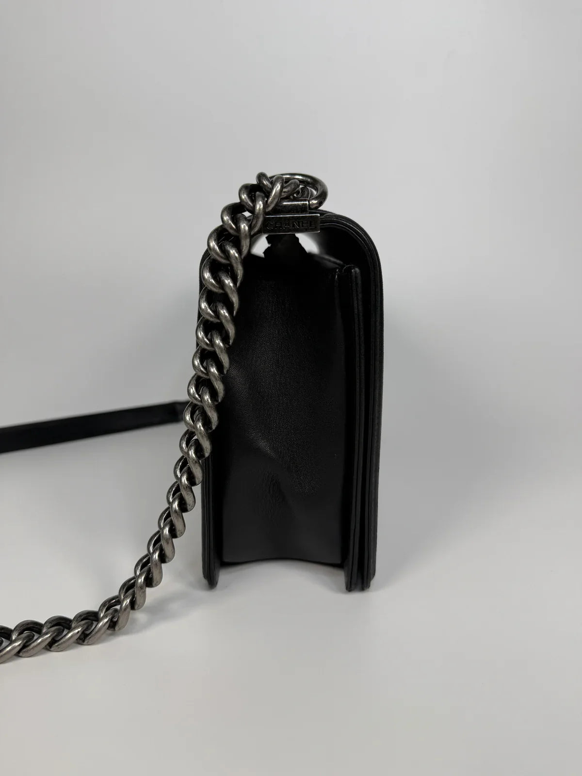 CHANEL BLACK LAMBSKIN LEATHER LARGE BOY BAG WITH RHW