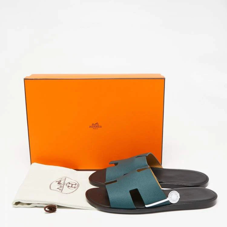 Hermes Green Leather Izmir Flat Slides Size 43