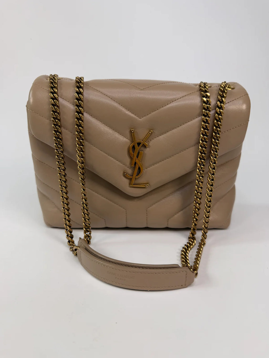 SAINT LAURENT SMALL LOULOU IN DARK BEIGE LEATHER WITH GOLD HARDWARE