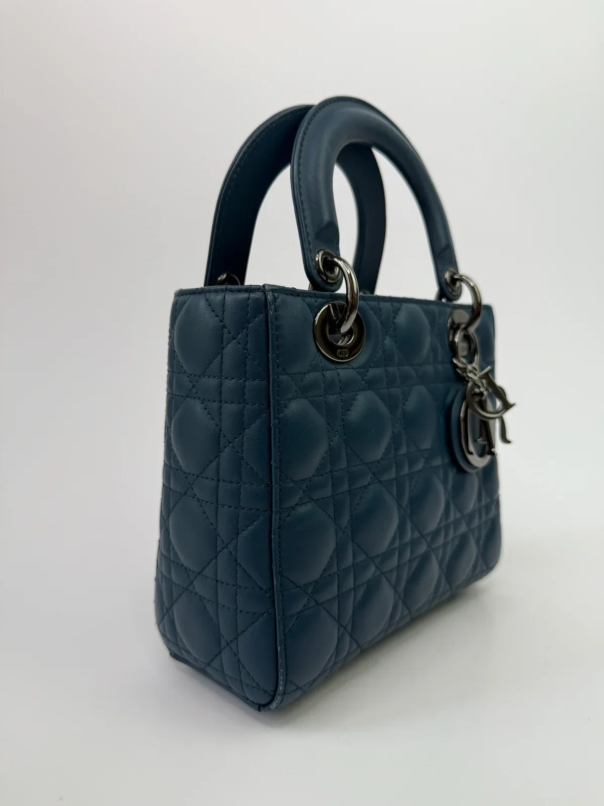 CHRISTIAN DIOR LADY DIOR SMALL BAG IN DENIM BLUE WITH SILVER HARDWARE