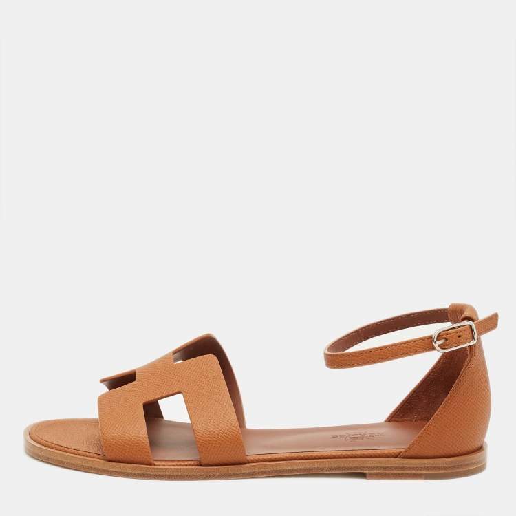 Hermes Brown Leather Santorini Ankle Strap Sandals Size 38
