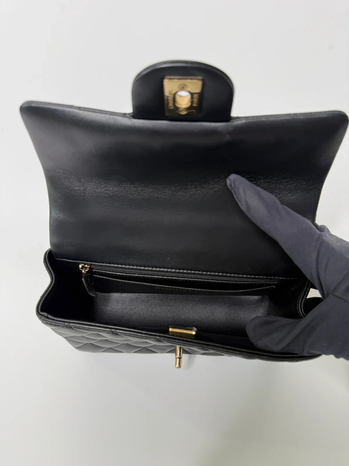 CHANEL MINI RECTANGLE TOP HANDLE FLAP BAG IN BLACK LAMBSKIN WITH PALE GOLD HARDWARE
