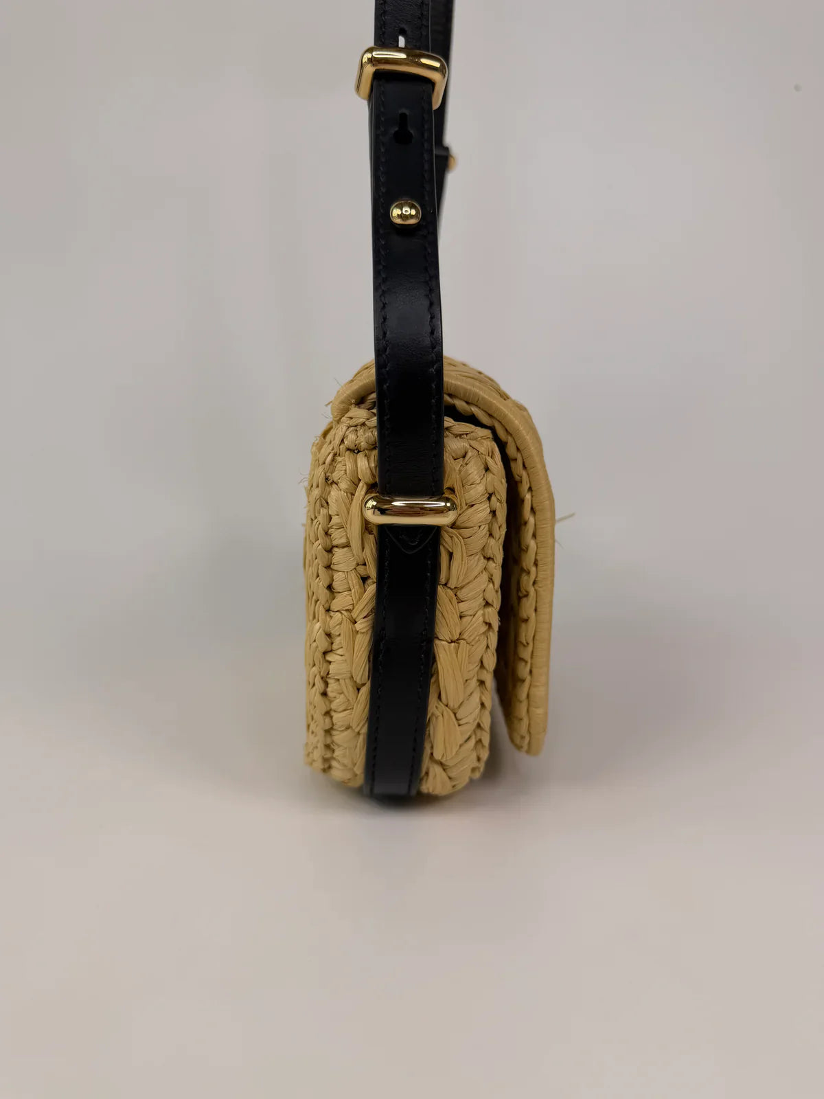 PRADA SMALL LOGO SHOULDER BAG IN NATURAL RAFFIA WITH GOLD HARDWARE