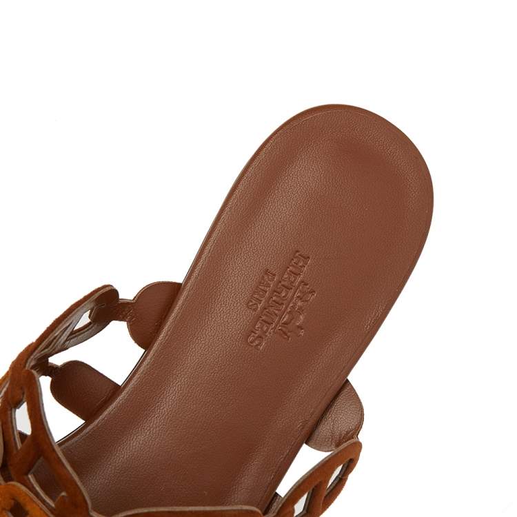 Hermes Brown Suede D'ancre Chaine Flat Slide Sandals Size 38