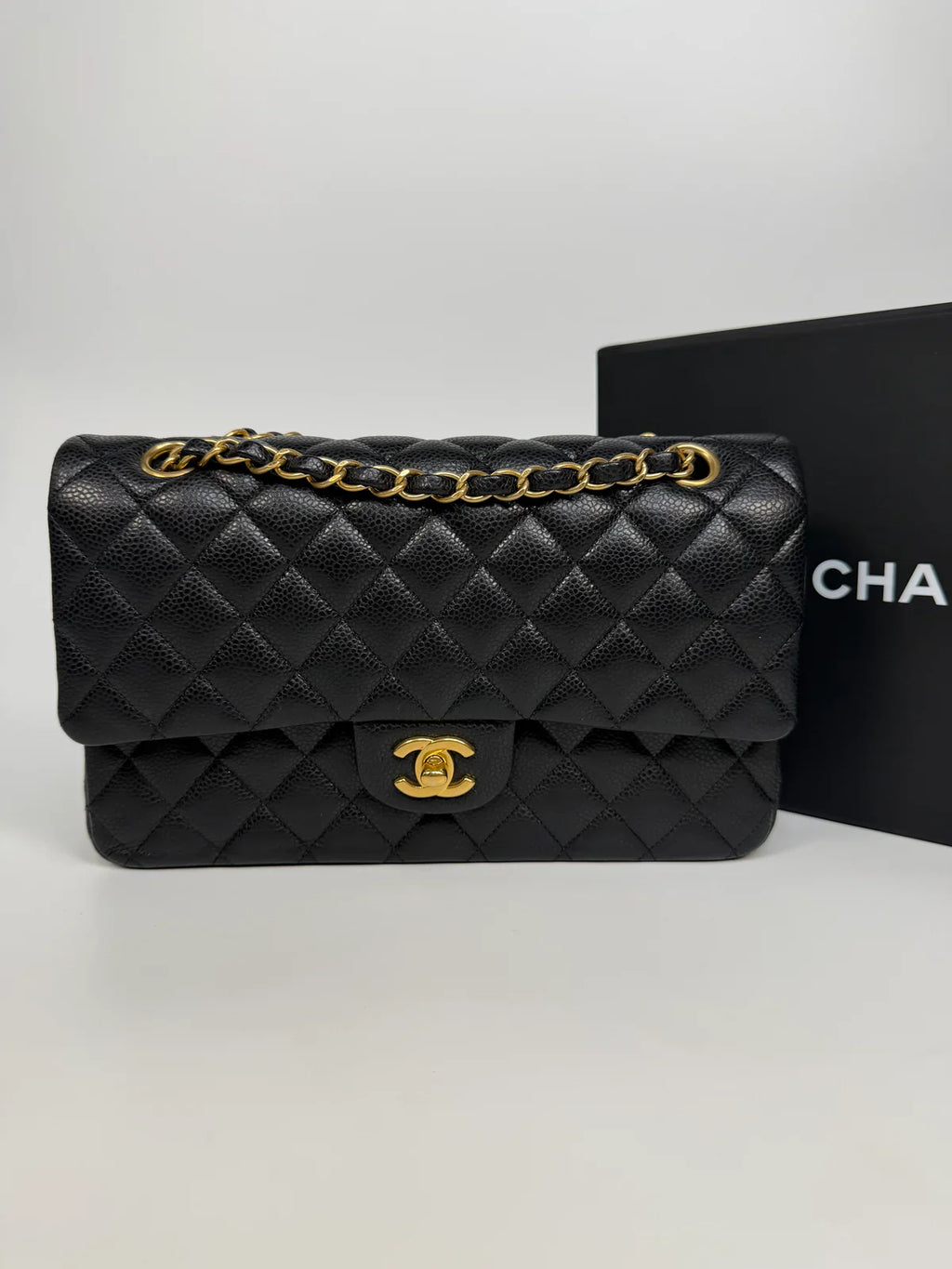 CHANEL MEDIUM CLASSIC DOUBLE FLAP BLACK CAVIAR LEATHER WITH GOLD HARDWARE