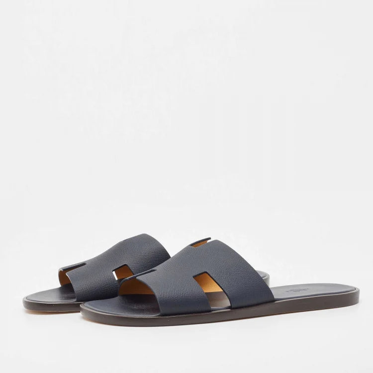 Hermès Navy Blue Leather Izmir Flat Slides Size 45