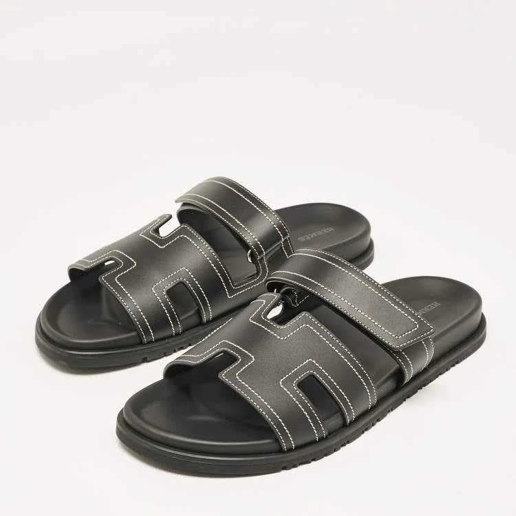 Hermes Black Leather Chypre Sandals Size 46