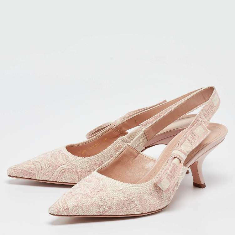 Dior Light Pink Embroidered Canvas J'Adior Slingback Pumps Size 40.5