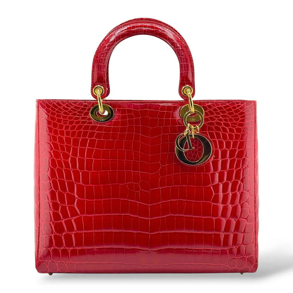 Christian Dior Red Shiny Crocodile Large Lady Dior Tote Bag