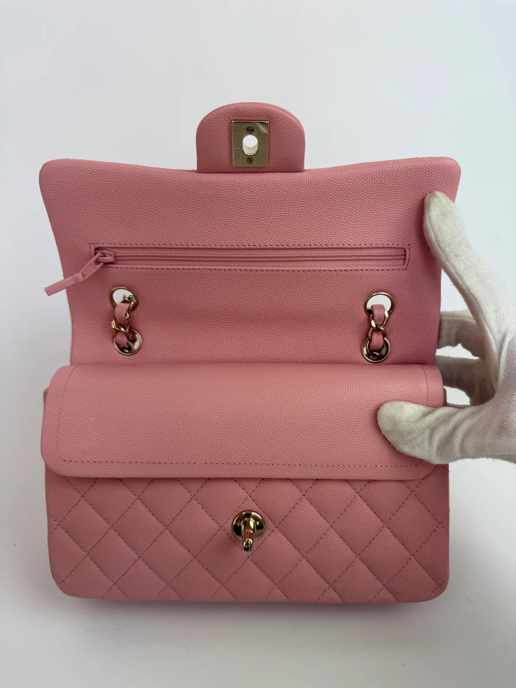 CHANEL SMALL CLASSIC DOUBLE FLAP IN PINK CAVIAR LEATHER WITH GOLD HARDWARE