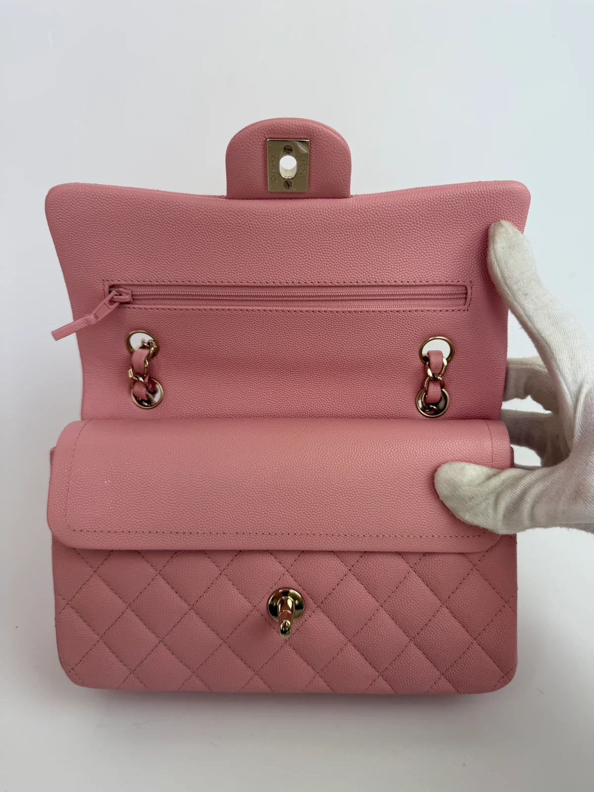 CHANEL SMALL CLASSIC DOUBLE FLAP IN PINK CAVIAR LEATHER WITH GOLD HARDWARE