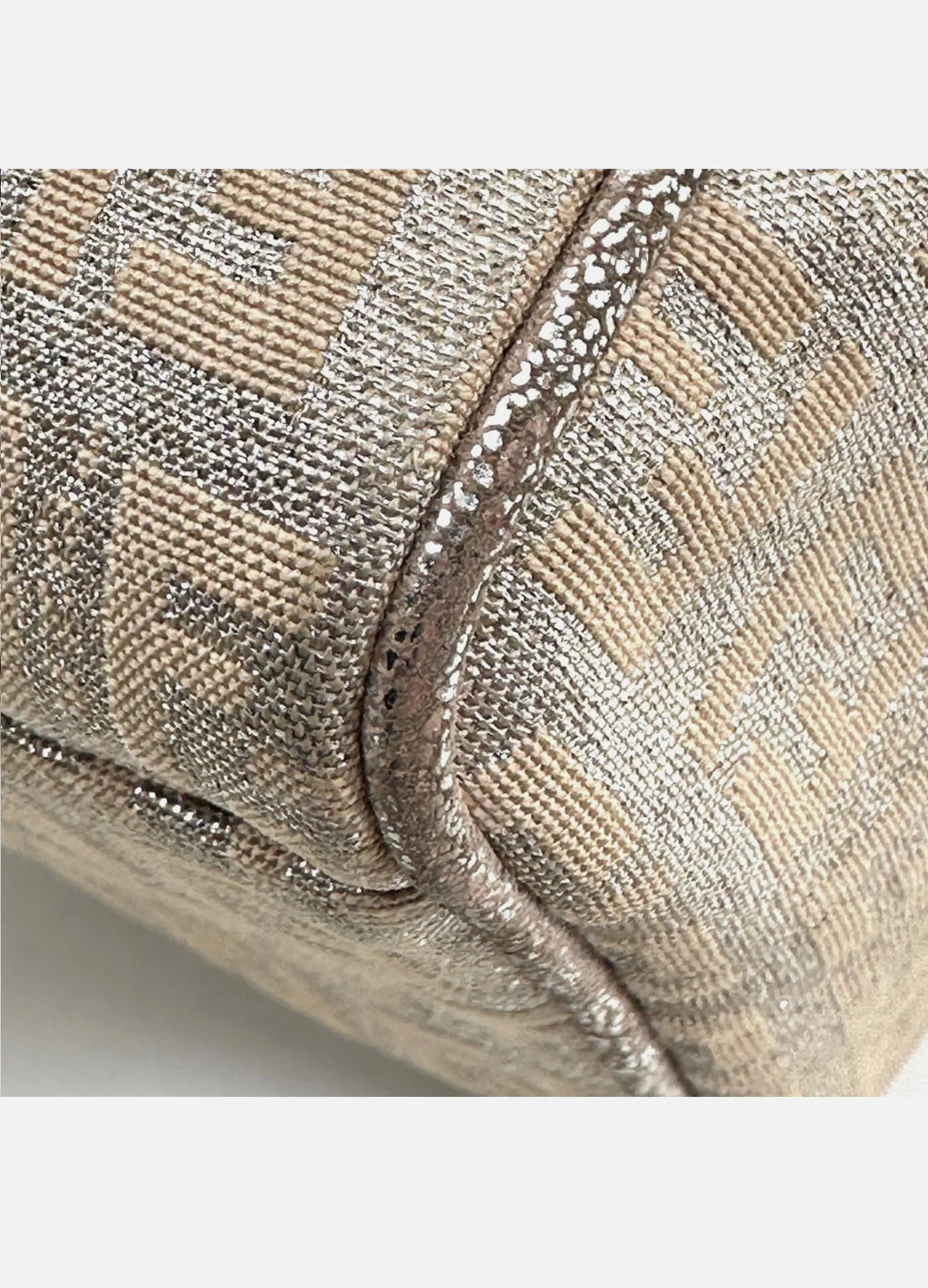 FENDI Mini Boston Bag Zucchino Canvas Leather Pink Beige Silver Purse
