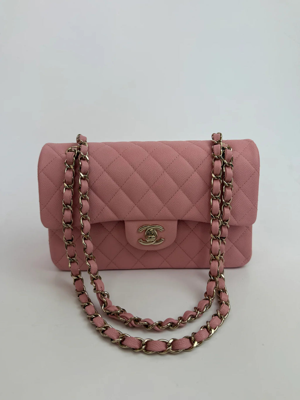 CHANEL SMALL CLASSIC DOUBLE FLAP IN PINK CAVIAR LEATHER WITH GOLD HARDWARE