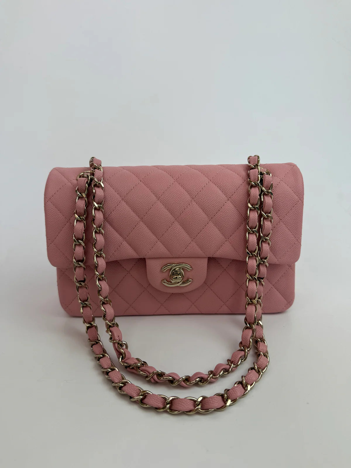 CHANEL SMALL CLASSIC DOUBLE FLAP IN PINK CAVIAR LEATHER WITH GOLD HARDWARE