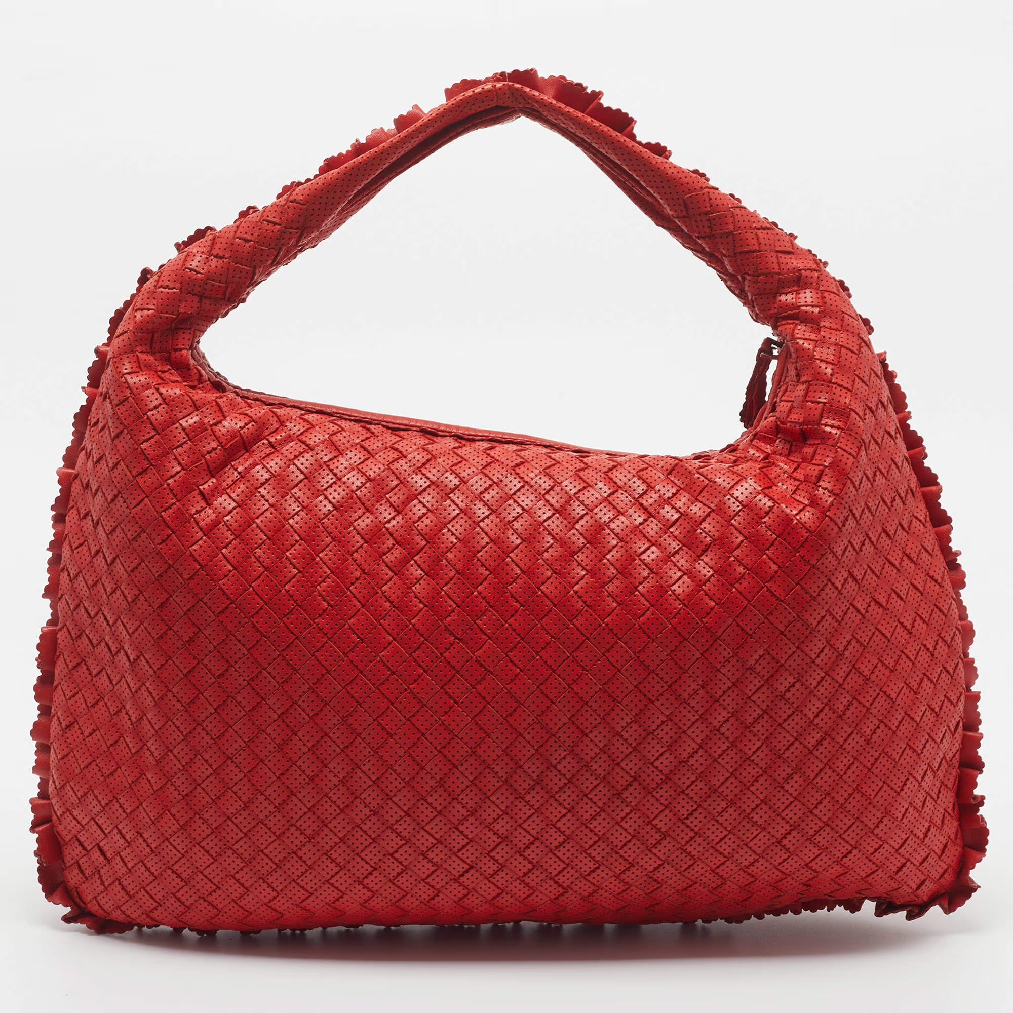 Bottega Veneta Veneta Ruffle Red Perforated Leather Hobo