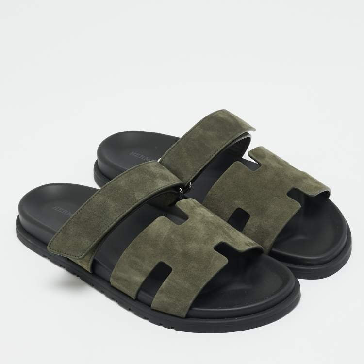 Hermes Chypre Size 42 Dark Olive Green Slide Sandals