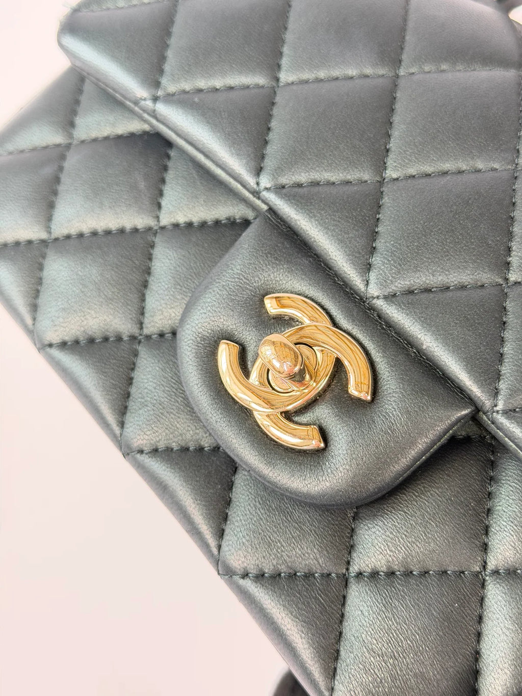 CHANEL MINI RECTANGLE TOP HANDLE IN METALLIC GREEN LAMBSKIN LEATHER GOLD HARDWARE