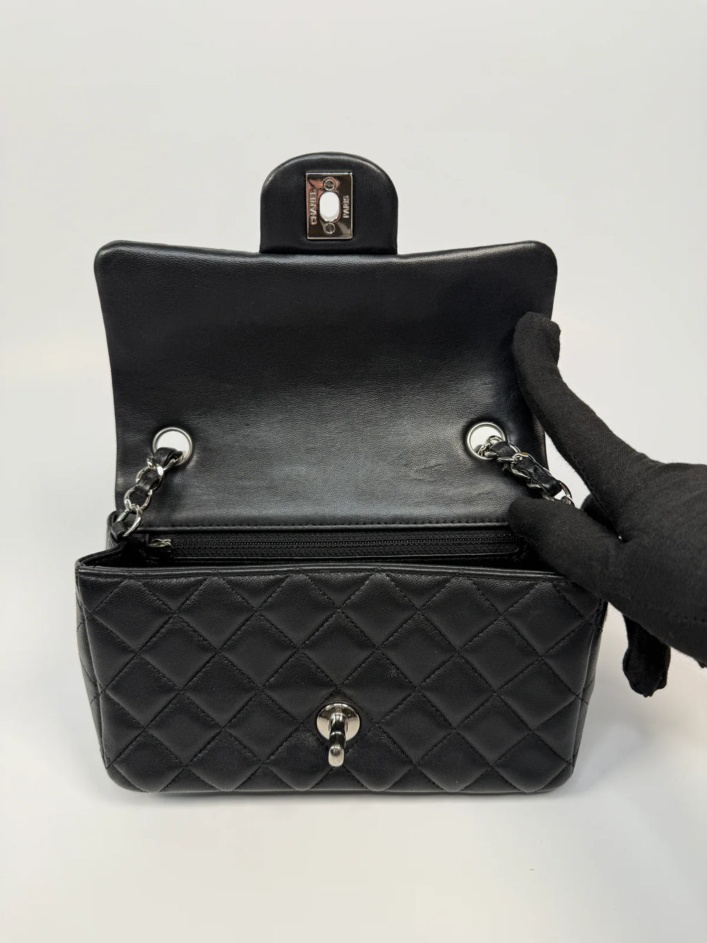 CHANEL MINI RECTANGLE IN BLACK LAMBSKIN SILVER HARDWARE