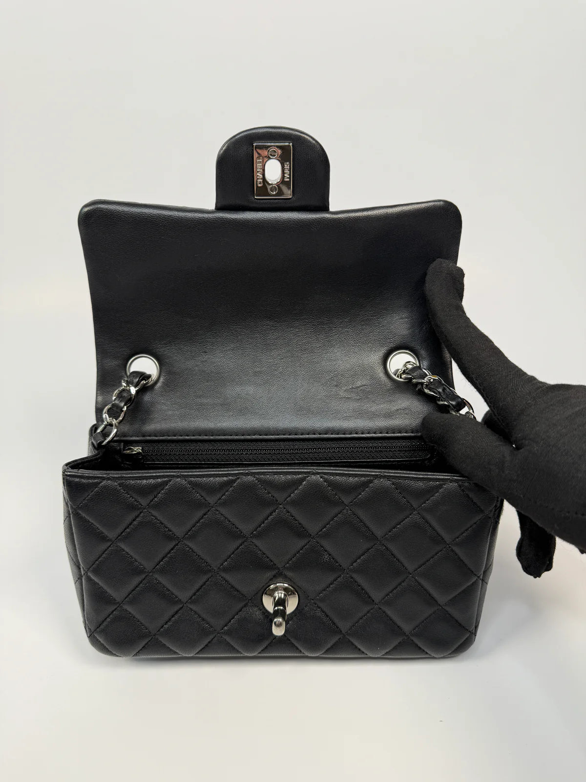 CHANEL MINI RECTANGLE IN BLACK LAMBSKIN SILVER HARDWARE