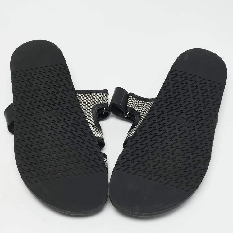 Hermes Black/White Leather and Canvas H Maxi Chypre Flat Sandals Size 45.5