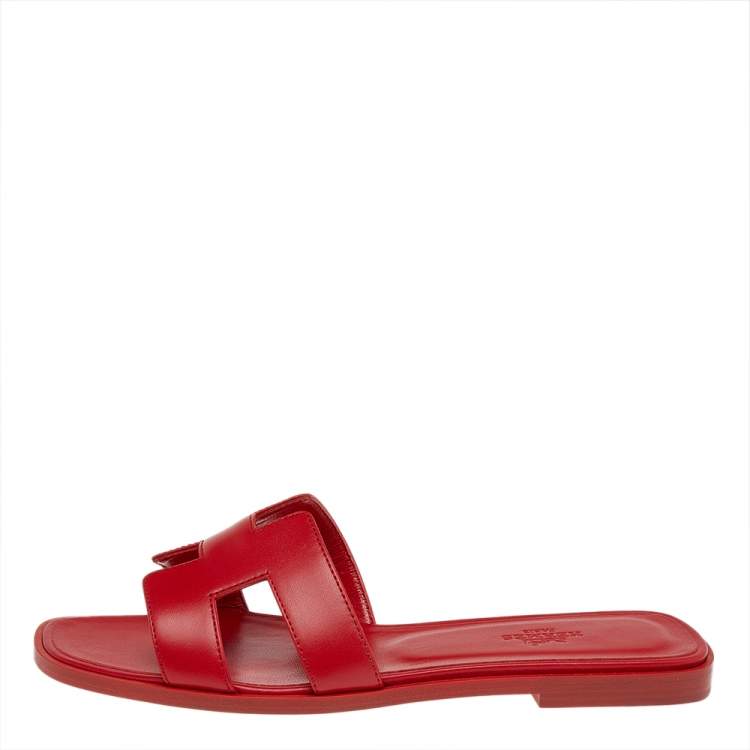 Hermes Red Leather Oran Flat Sandals Size 38