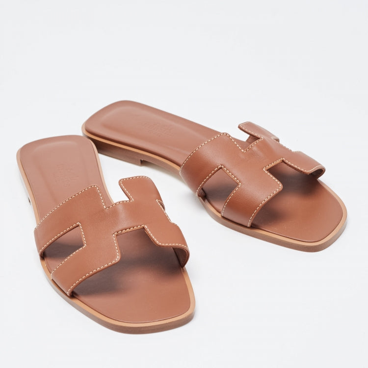 Hermes Brown Leather Oran Sandals Size 36.5