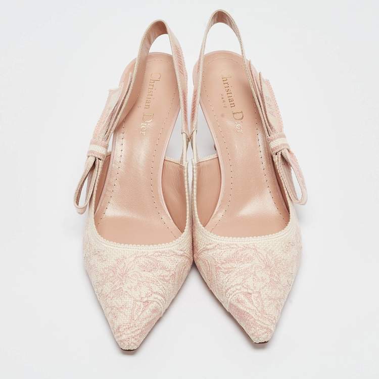 Dior Light Pink Embroidered Canvas J'Adior Slingback Pumps Size 40.5