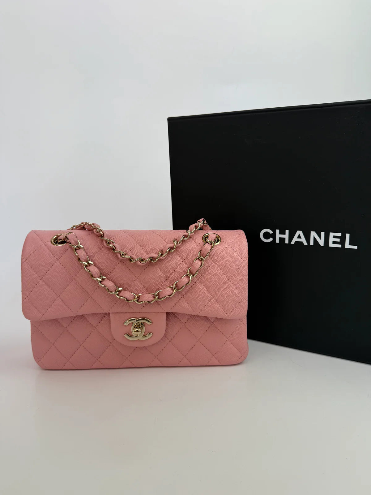 CHANEL SMALL CLASSIC DOUBLE FLAP IN PINK CAVIAR LEATHER WITH GOLD HARDWARE