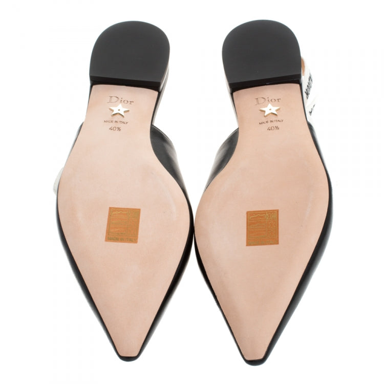 Dior Black Leather J'adior Ribbon Pointed Toe Slingback Flats Size 40.5