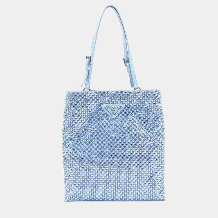 Prada Chain Flat Mini Celeste Blue Satin Crystal Tote Bag