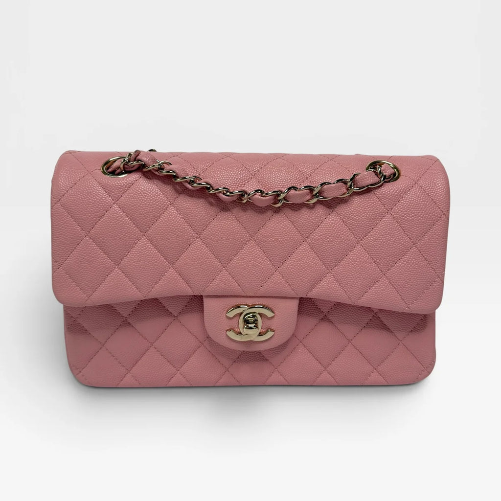 CHANEL SMALL CLASSIC DOUBLE FLAP IN PINK CAVIAR LEATHER WITH GOLD HARDWARE