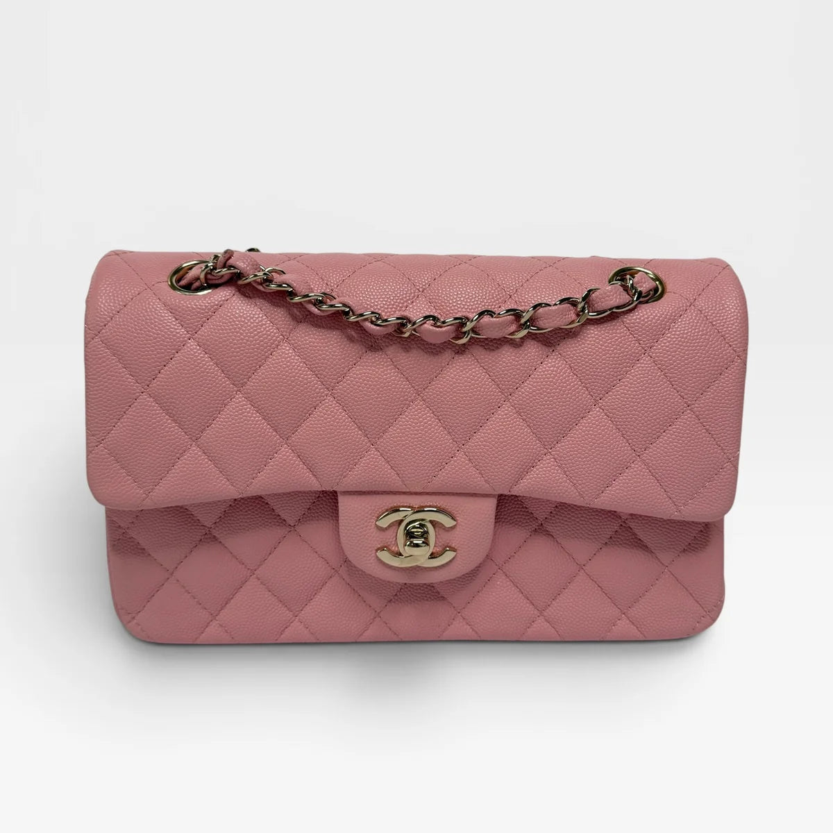 CHANEL SMALL CLASSIC DOUBLE FLAP IN PINK CAVIAR LEATHER WITH GOLD HARDWARE