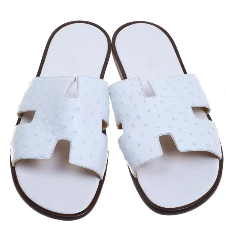 Hermes White Ostrich Izmir Sandals Size 44