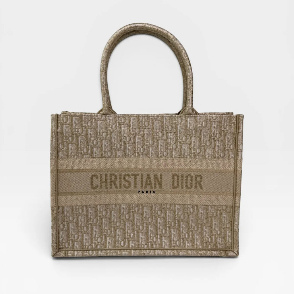 CHRISTIAN DIOR MEDIUM BOOK TOTE IN LATTE & GOLD TONE DIORESQUE