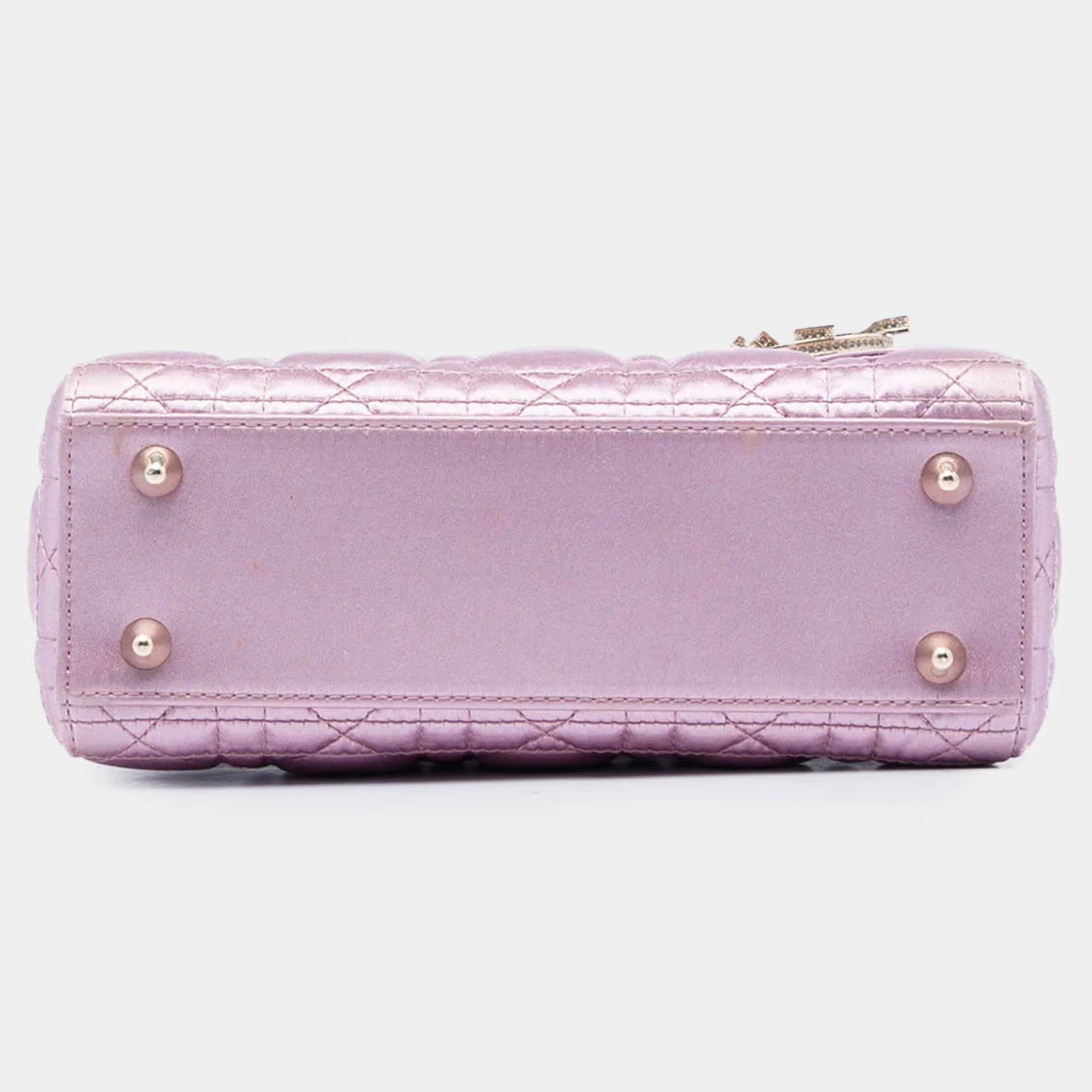 Christian Dior Lady Dior Small Pink Satin Swarovski Crystal Top Handle Bag