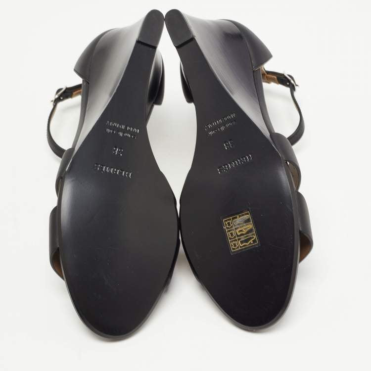 Hermes Black Leather Legend Wedge Ankle Strap Sandals Size 38