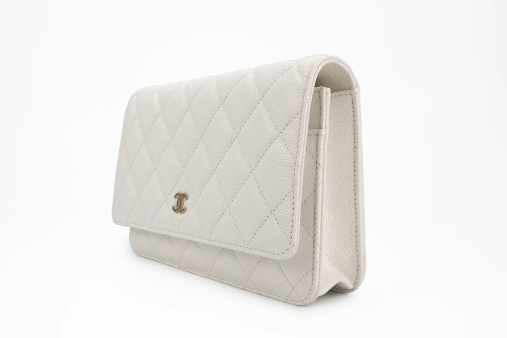 Chanel Classic Quilted Wallet On Chain Caviar White Champagne GHW