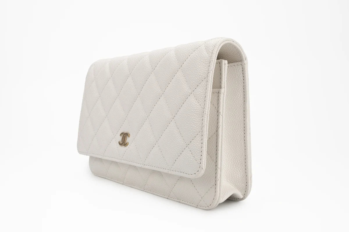 Chanel Classic Quilted Wallet On Chain Caviar White Champagne GHW