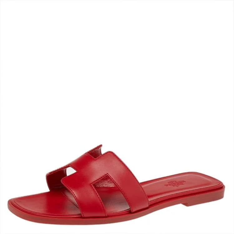 Hermes Red Leather Oran Flat Sandals Size 39