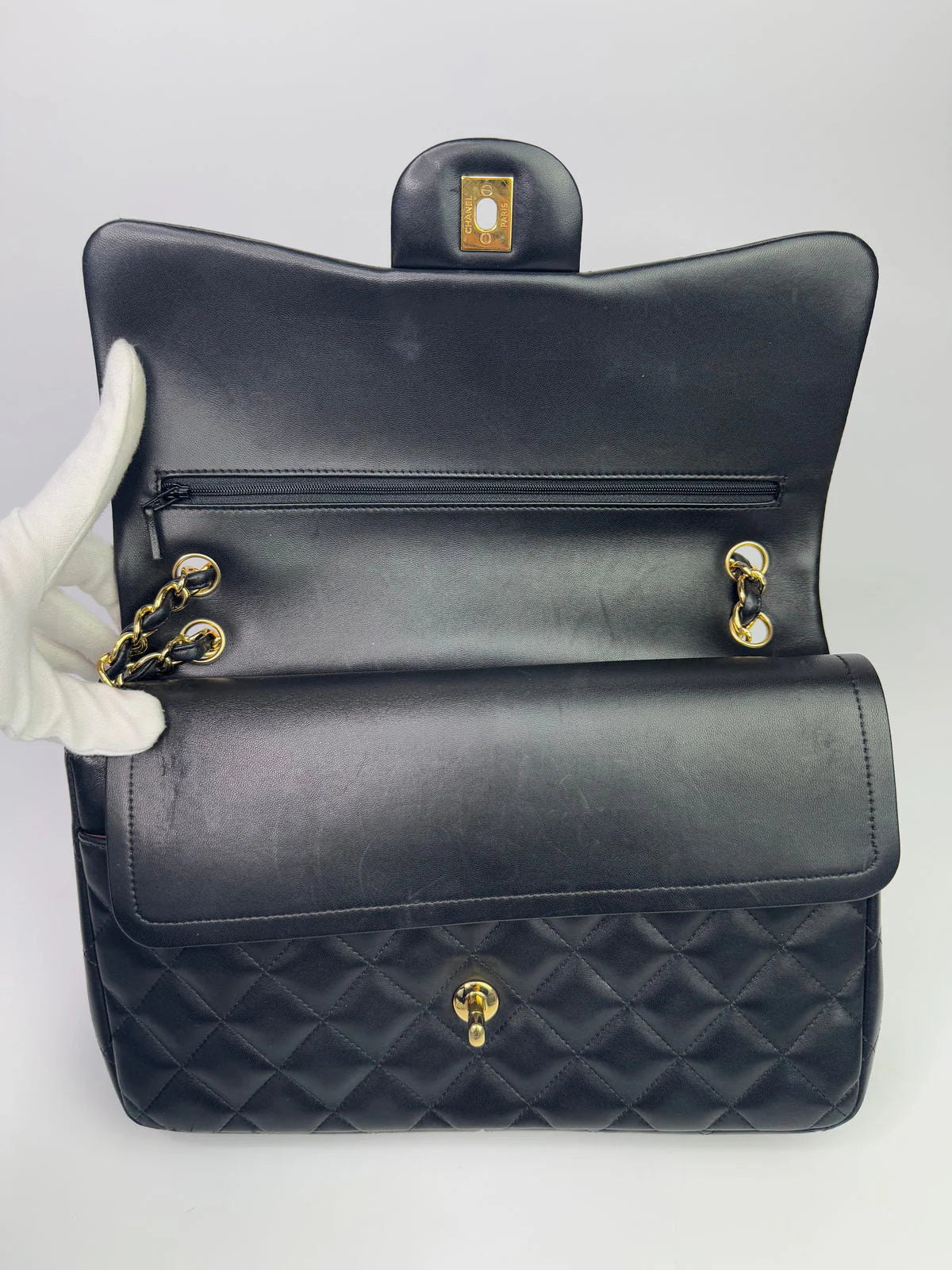 CHANEL BLACK LAMBSKIN LEATHER JUMBO CLASSIC DOUBLE FLAP GOLD HARDWARE