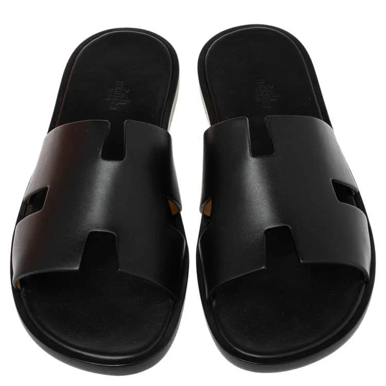 Hermes Black Leather Izmir Slide Sandal Size 46