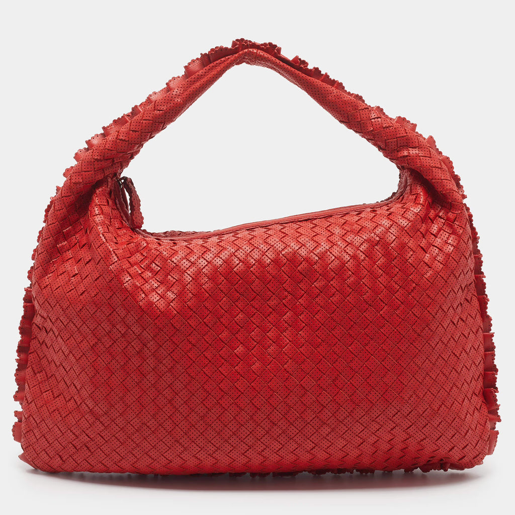 Bottega Veneta Veneta Ruffle Red Perforated Leather Hobo