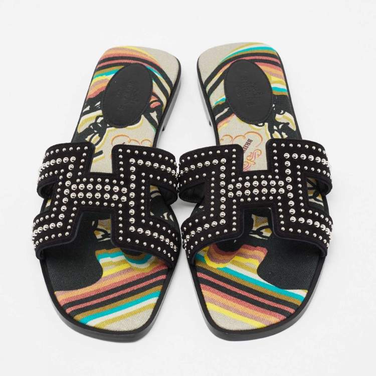 Hermes Black Suede Studded Oran Sandals Size 37.5
