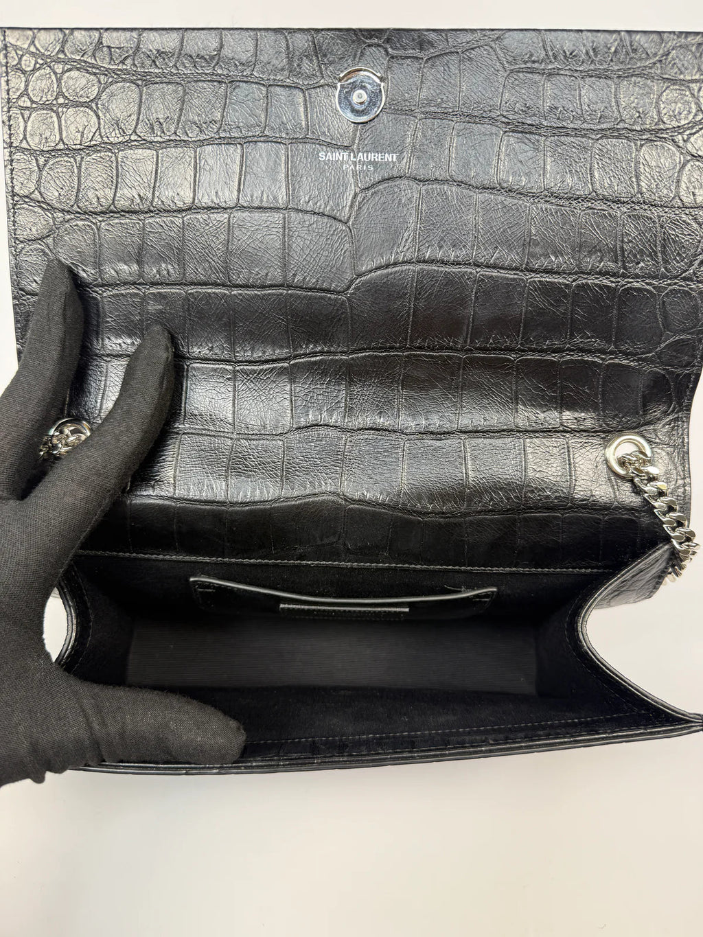 SAINT LAURENT BLACK CROC EMBOSSED KATE TASSEL BAG