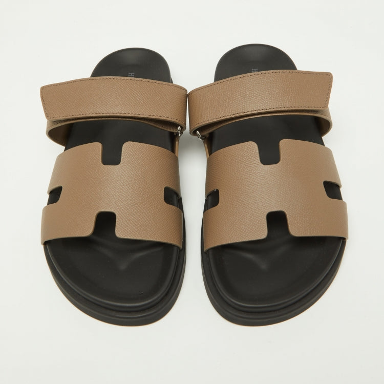 Hermes Brown Leather Chypre Velcro Strap Flat Sandals Size 41