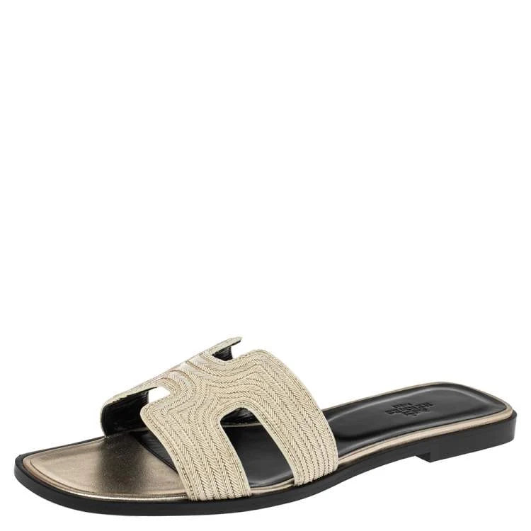 Hermes Gold Suede Embellished Oran Sandals Size 41