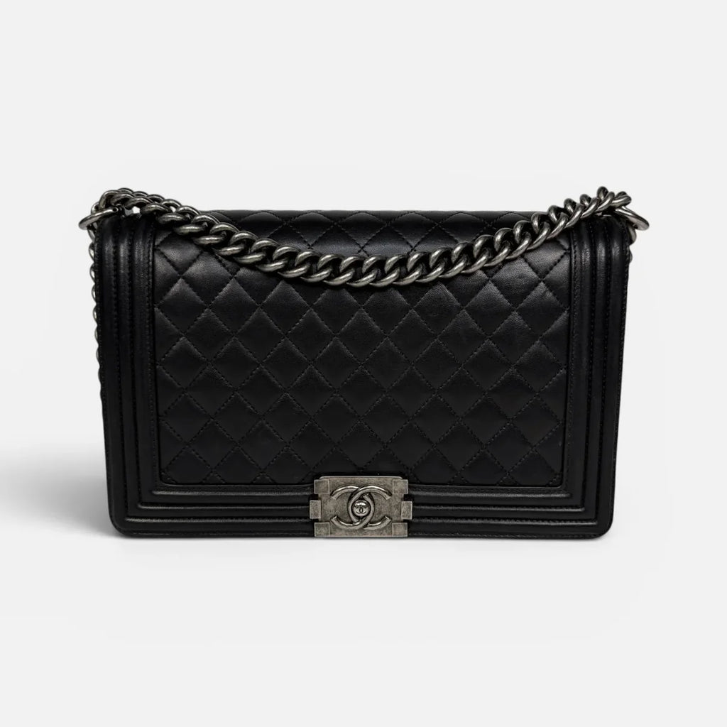 CHANEL BLACK LAMBSKIN LEATHER LARGE BOY BAG WITH RHW