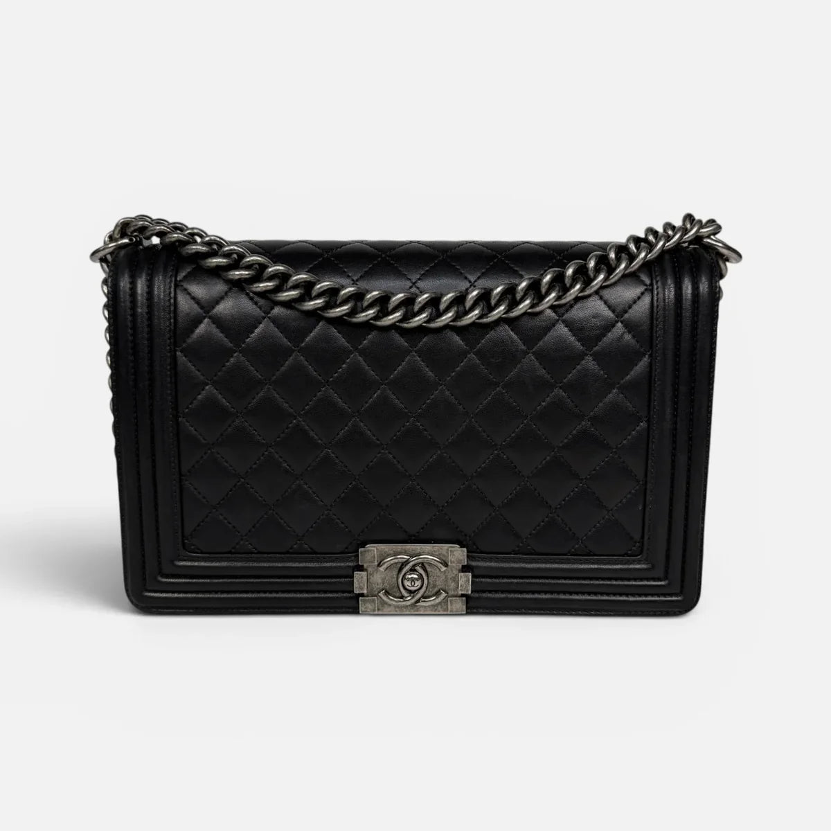CHANEL BLACK LAMBSKIN LEATHER LARGE BOY BAG WITH RHW