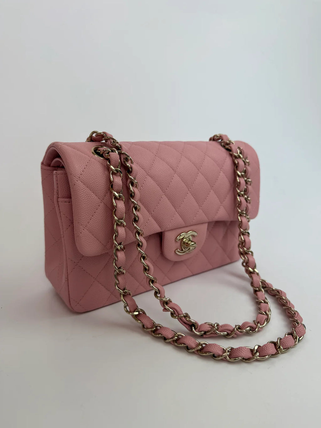 CHANEL SMALL CLASSIC DOUBLE FLAP IN PINK CAVIAR LEATHER WITH GOLD HARDWARE